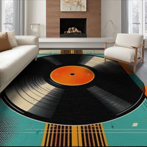 ODIKA 6'x9' Washable Area Rug Easy Care, Non-Shedding, Record Vinyl Vintage Retro Spinning Disc Equalizer Shaped Music for Queen Size Bedroom Under Bed Master Suite