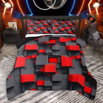 Homewish Modern Art Square Queen Comforter Set, Stereoscopic Rectangle Bedding Sets, Black Red Abstract Reversible Bedding Comforter Set, Breathable Home Decor, 3 Pieces