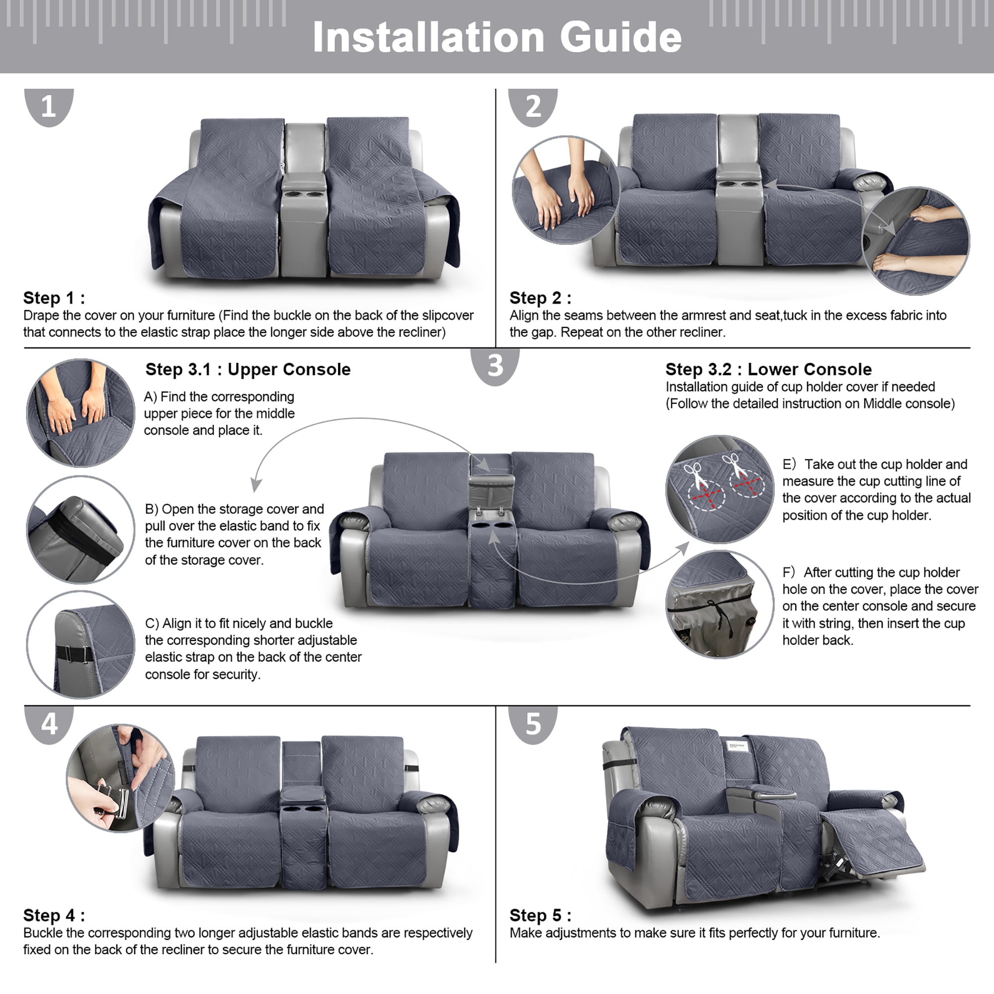 TAOCOCO Loveseat Recliner Couch Cover for Double Recliner with Console  100% Water Resistant Split Solid Reclining Sofa Slipcover, Gray