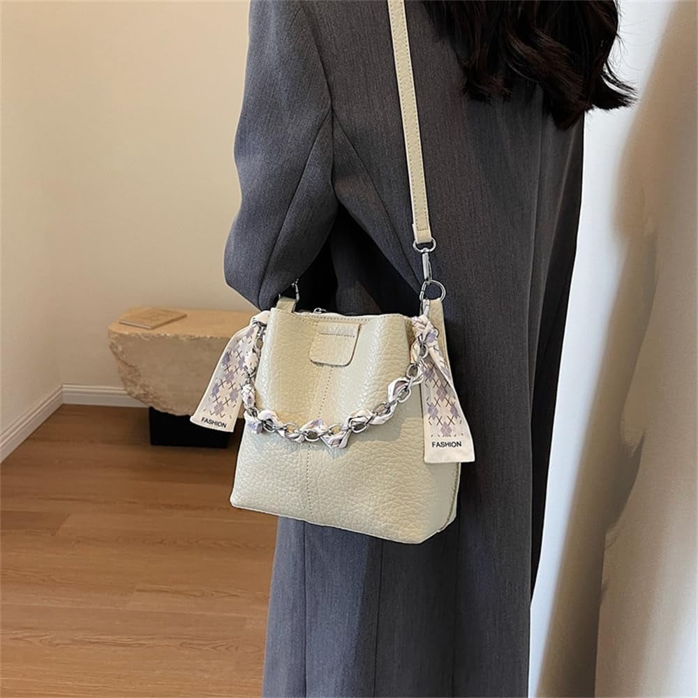 Leather Bucket Bag with Thick Chain for Women Hobo Bucket Bags and Purses Casual Crossbody Shoulder Bucket Handbag