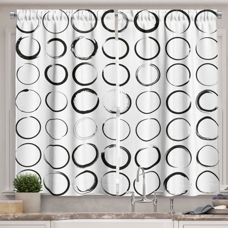 Ambesonne Grungy Kitchen Curtains, Circle Brush Stroke, 55"x39", Black White