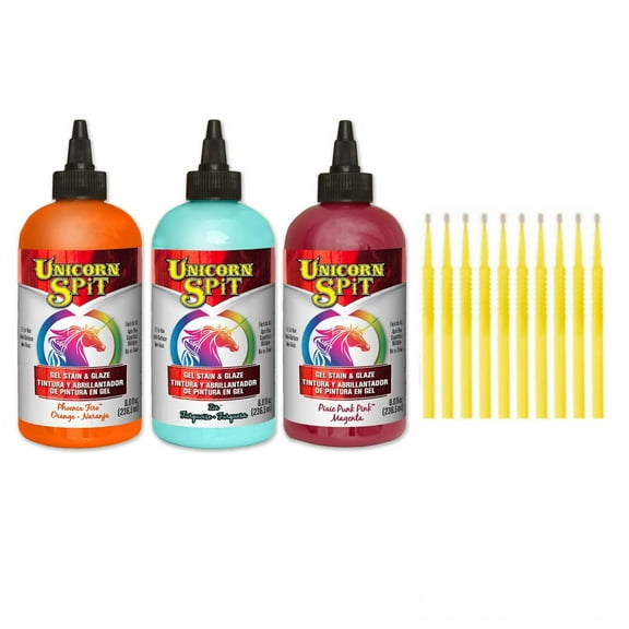 Unicorn SPiT Gel Stain & Glaze Paint in One - 8oz Calypso Collection - Phoenix Fire, Pixie Punk Pink, & Zia Teal with 10 TreBBies Fine Detail Sticks