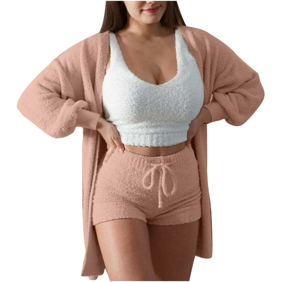 AherBiu 3 Piece Pajamas Sets Fleece Tank Tops Shorts Cardigans Sherpa Fuzzy Loungewear Homewear