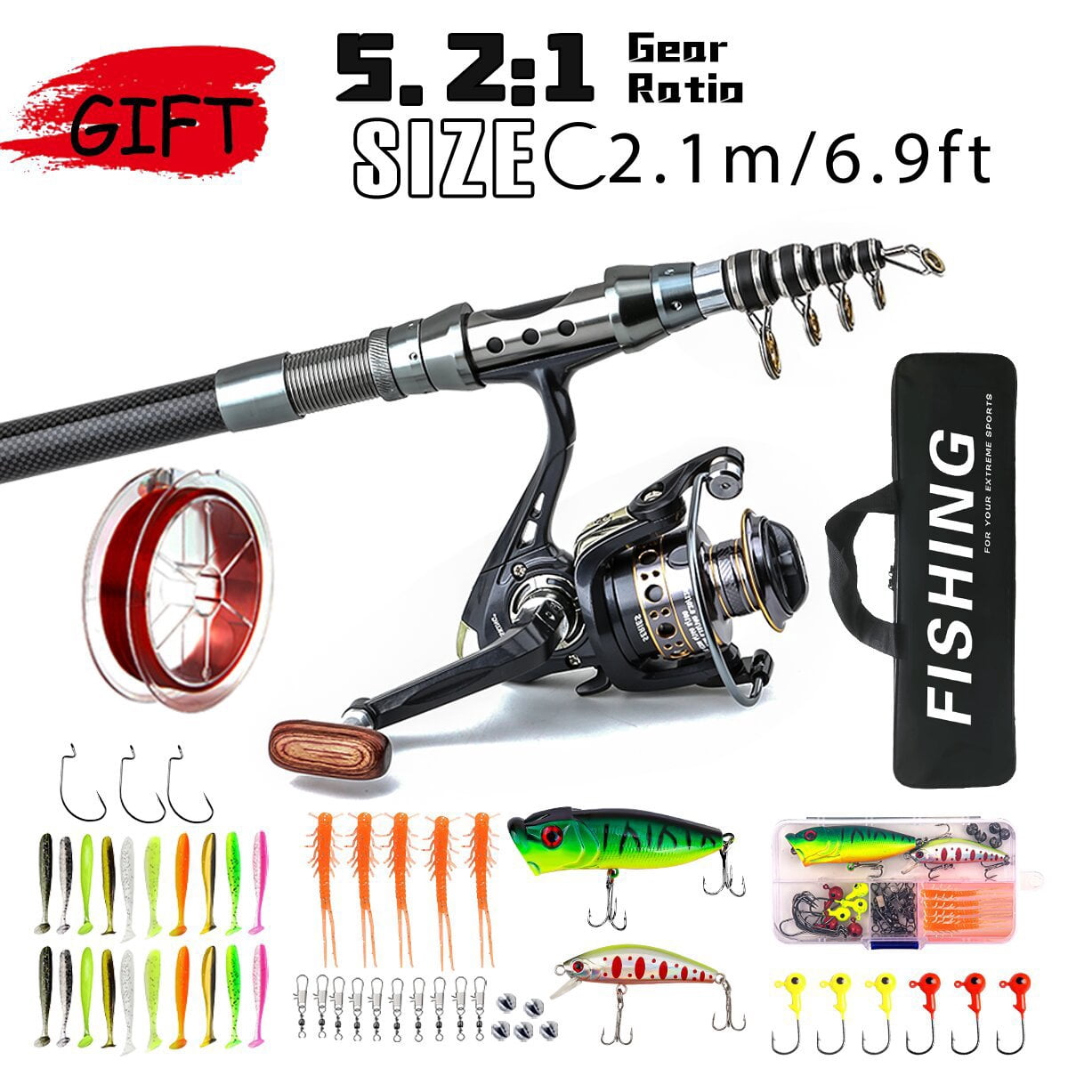 Carbon Fiber Travel Fishing Rod Corrosion-Resistant Saltwater Spinning Rod 5 Collapsible Section with Carry Bag Beach