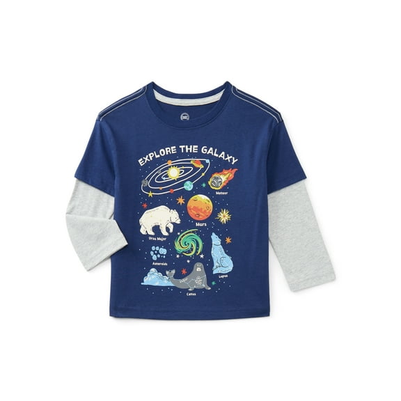 Wonder Nation Toddler Boys Cotton Twofer Graphic Tee with Long Sleeves, Sizes 12M-5T