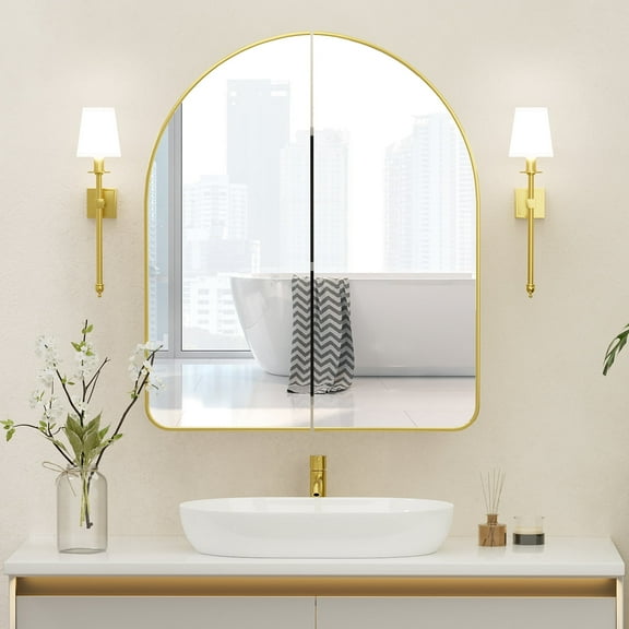Hironpal Arch Frameless Medicine Cabinet With Mirror & 2 Doors, Surface Mount Bathroom Mirror Cabinet With Storage -24" x 28"