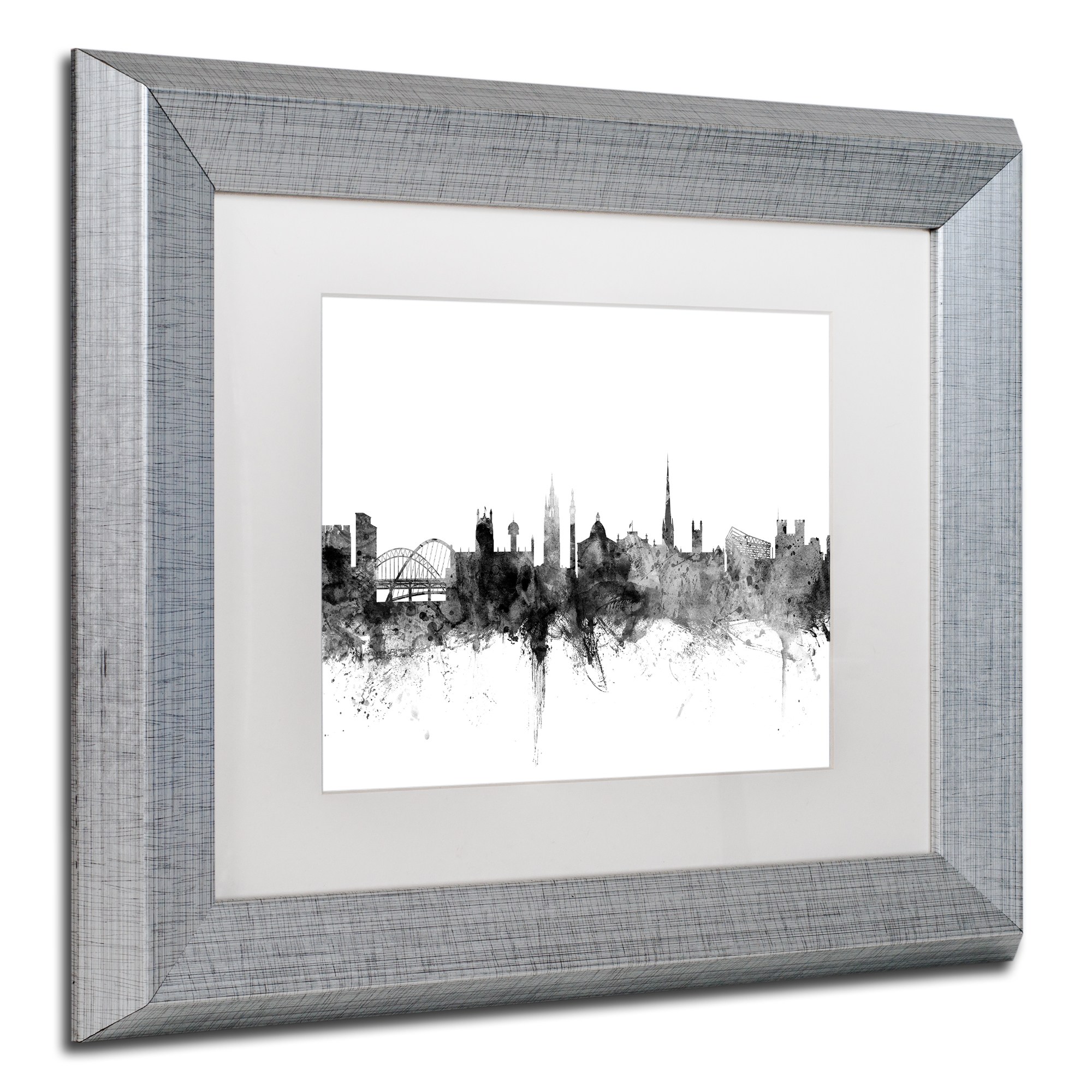 Trademark Fine Art "Newcastle England Skyline B&W" Canvas Art by Michael Tompsett, White Matte, Silver Frame