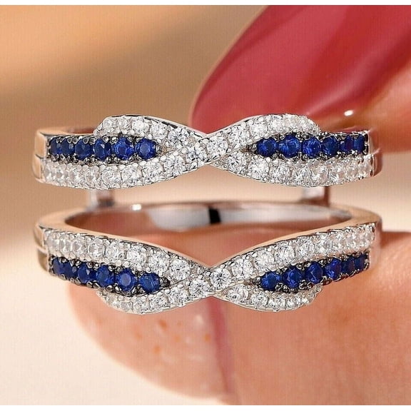 2Ct Round Cut Lab Created Blue Sapphire Diamond Wedding Enhancer Ring Band Ring 14K White Gold Plated 925 Silver