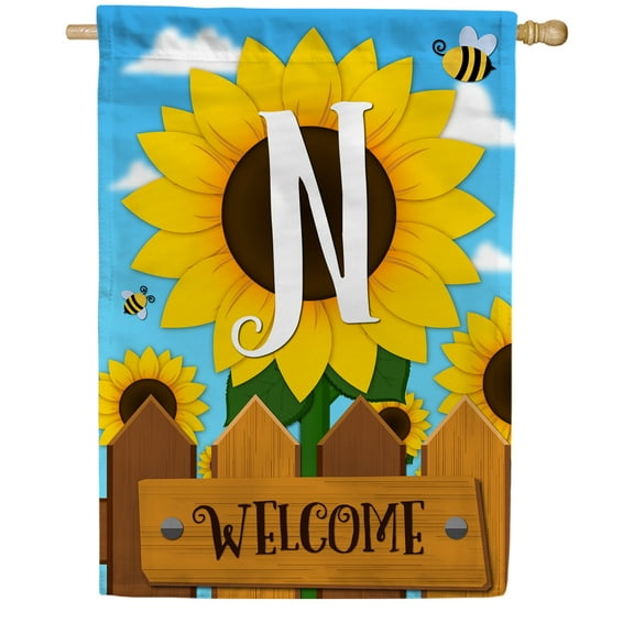 America Forever Spring Monogram House Flag Letter N 28 X 40 inches Double Sided Vertical Outdoor, Yard, Lawn, Beautiful Bright Sunlowers, Floral Design, Honeybee, Summer Welcome House Flag