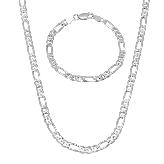 5.2mm .925 Sterling Silver Diamond-Cut Flat Figaro Chain Necklace   Bracelet Set, 20" (Necklace)   7" (Bracelet)