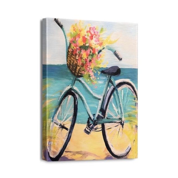 12x16 inch Wall Art for Home Decor Coastal Beach Bicycle Theme, Rustic Bike & Floral Butterfly Canvas Painting for Bathroom, Bedroom, Living Room