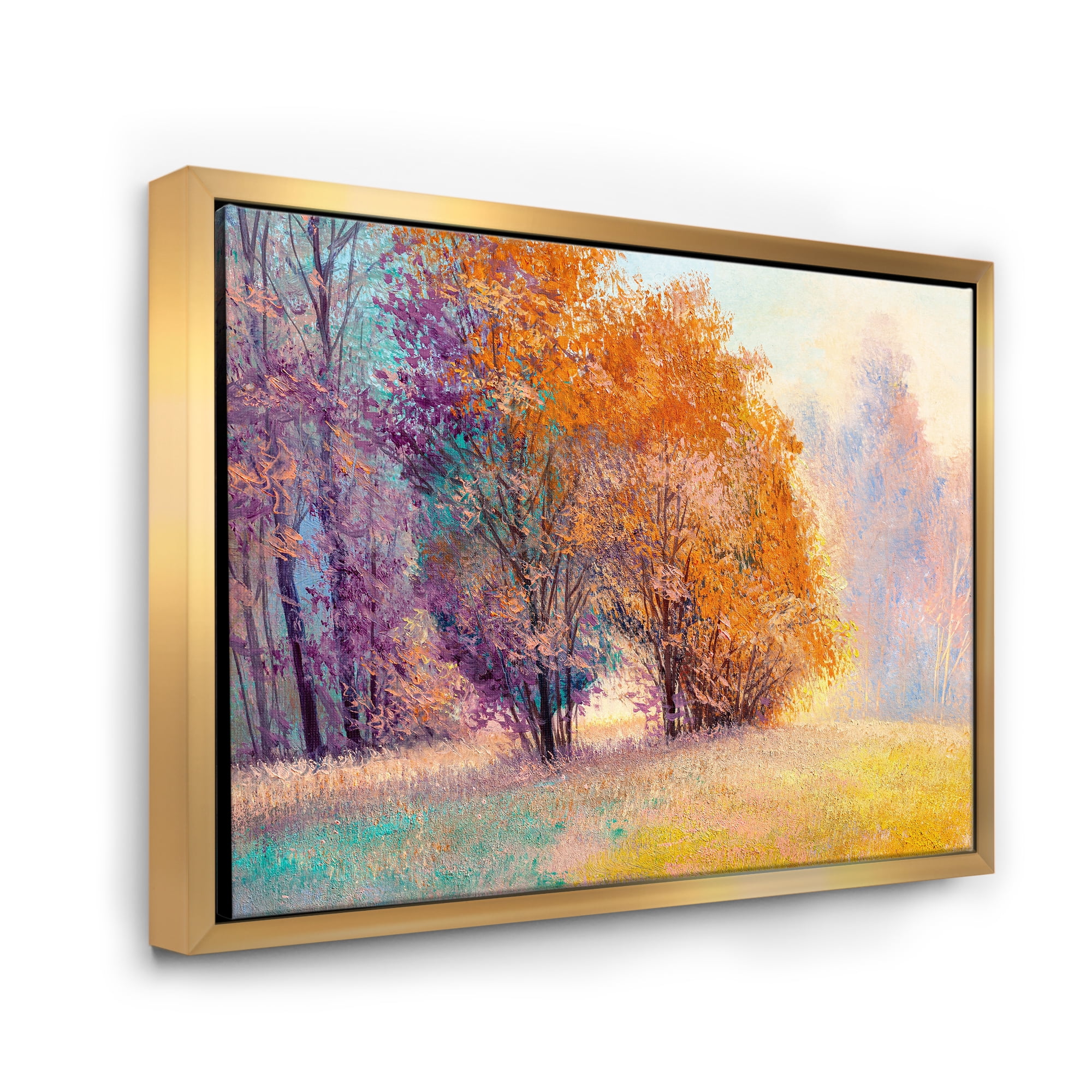 Designart 'Autumn Forest Orange Leaves Landscape' Lake House Framed Canvas Wall Art Print