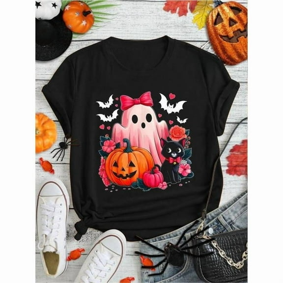 Floral Ghost Graphic Tee T Shirt Pumpkin Cat Design Cotton Top Short Sleeve Round Neck Black S-5XL