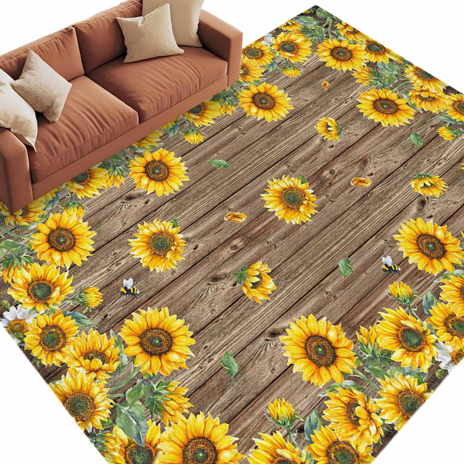 6'x9' Area Rugs, Sunflower Indoor Outdoor Area Rug for Living Room Bedroom, Brown Wood Grain Rustic Farmhouse Bee Washable Bathroom Rugs Kitchen Floor Carpet Mats Home Decor Aesthetic