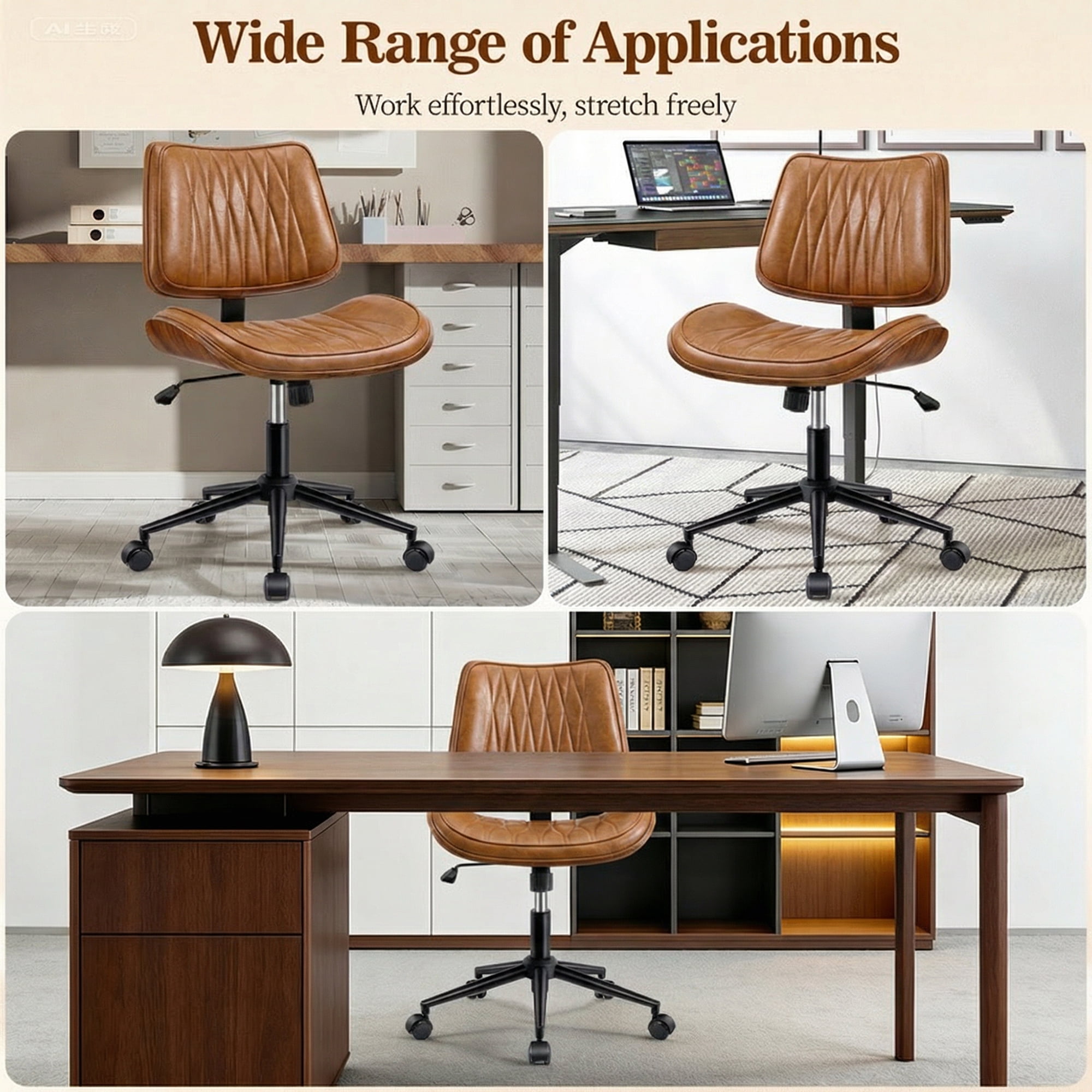 COOLHUT Home Office Chair, Armless Adjustable Height Small Office Desk Chair, PU Leather Swivel Computer Chair, Modern Walnut Bentwood Chair for Office, Reading Meeting Room, Makeup Vanity, Brown