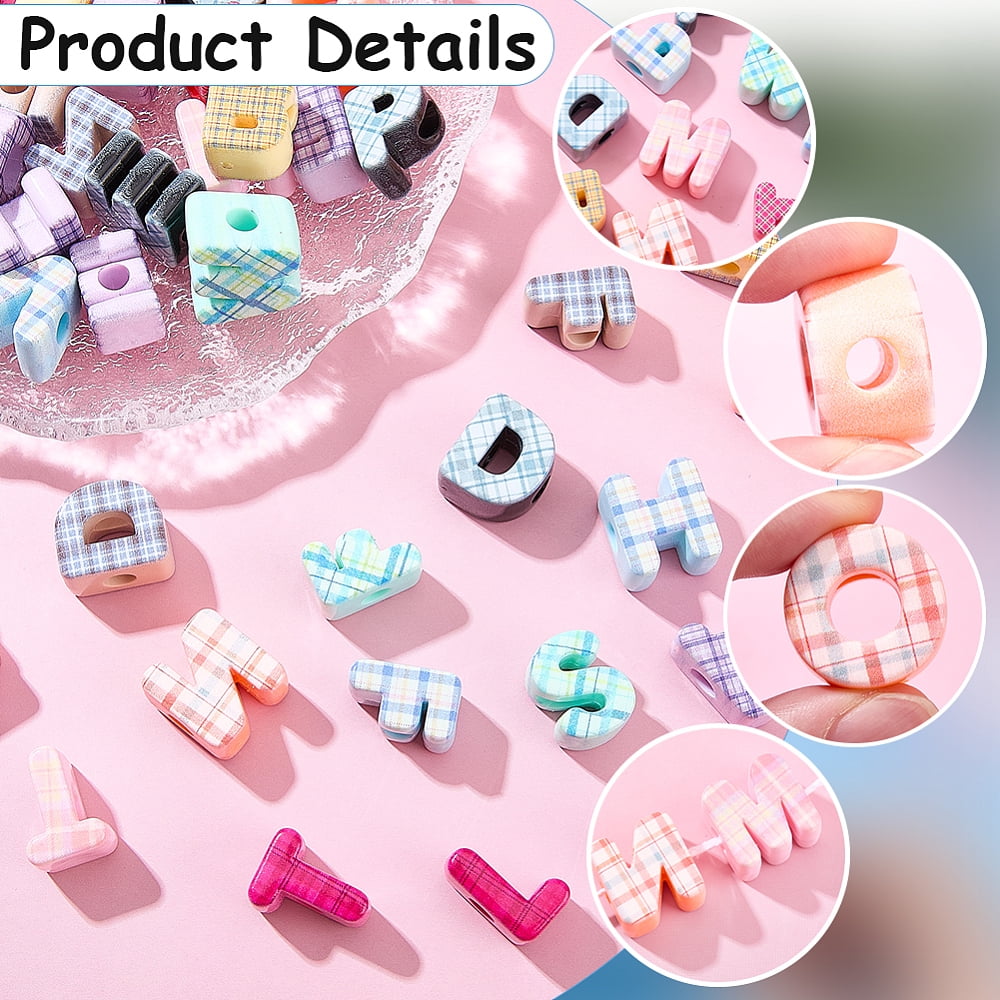 50Pcs Printed Opaque Acrylic European Beads Large Hole Beads Letter with Tartan Pattern Mixed Color 20~21x6~20x13~13.5mm Hole: 5.8mm 50pcs.