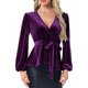 thumbnail image 1 of BLUSA DE VELVET V CUELLO LARGO DE LAS MUJERES INSPIRE CHIC CON CINTURA CON LAZO Y HEMO PEPLUM TALLA XS PÚRPURA, 1 of 5