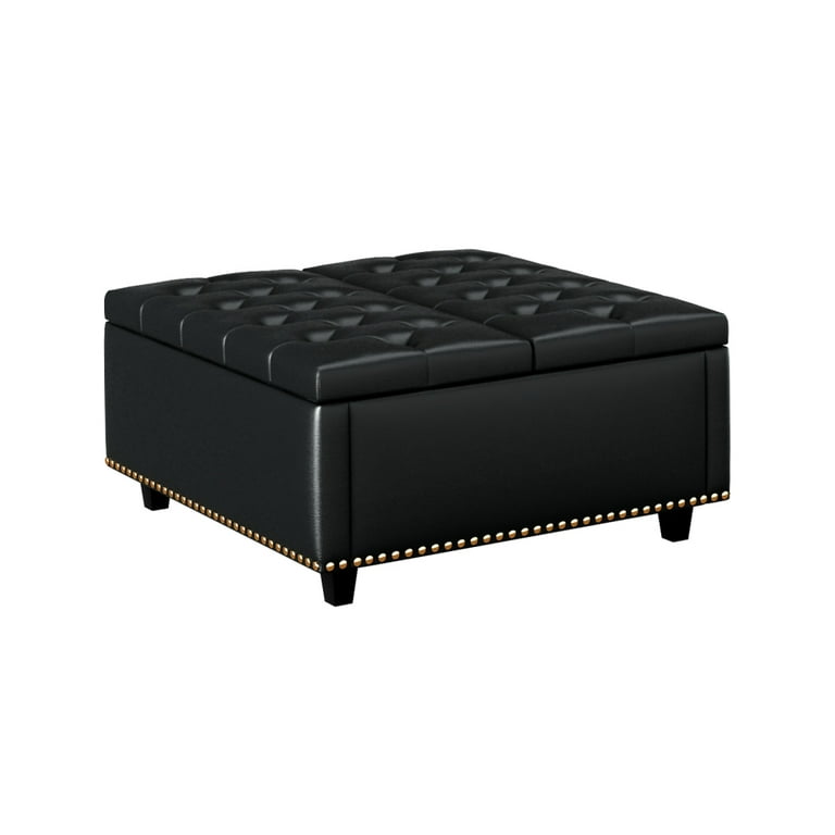 Large Square Storage Stool with Two Storage Doors PU Leather Storage Ottoman for Living Room Black