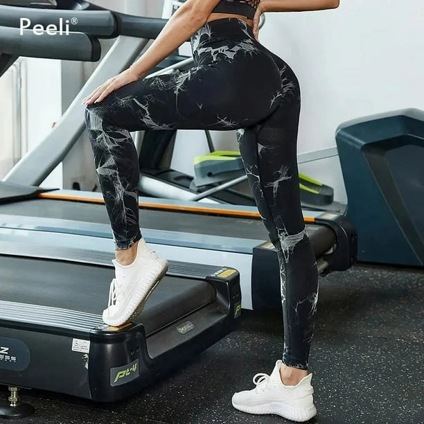 Mallas de gimnasio con fruncido en la parte de atras para mujer pantalones de Yoga de cintura alta sin costuras mallas deportivas con tinte anudado ropa de Yoga medias de entrenamiento para