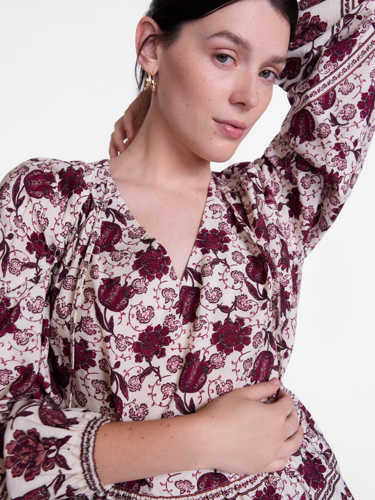 Scenario Women's and Women's Plus Gathered Yoke Blouse with Long Sleeves, Sizes XS-4X