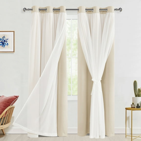 Hiasan Blackout Curtains with Sheer Overlay, Thermal Insulated Mix & Match Double Layer Room Darkening Curtains for Bedroom, Living Room, Nursery, 2 Window Panels Swen with Tiebacks, Beige, 38W X 84L