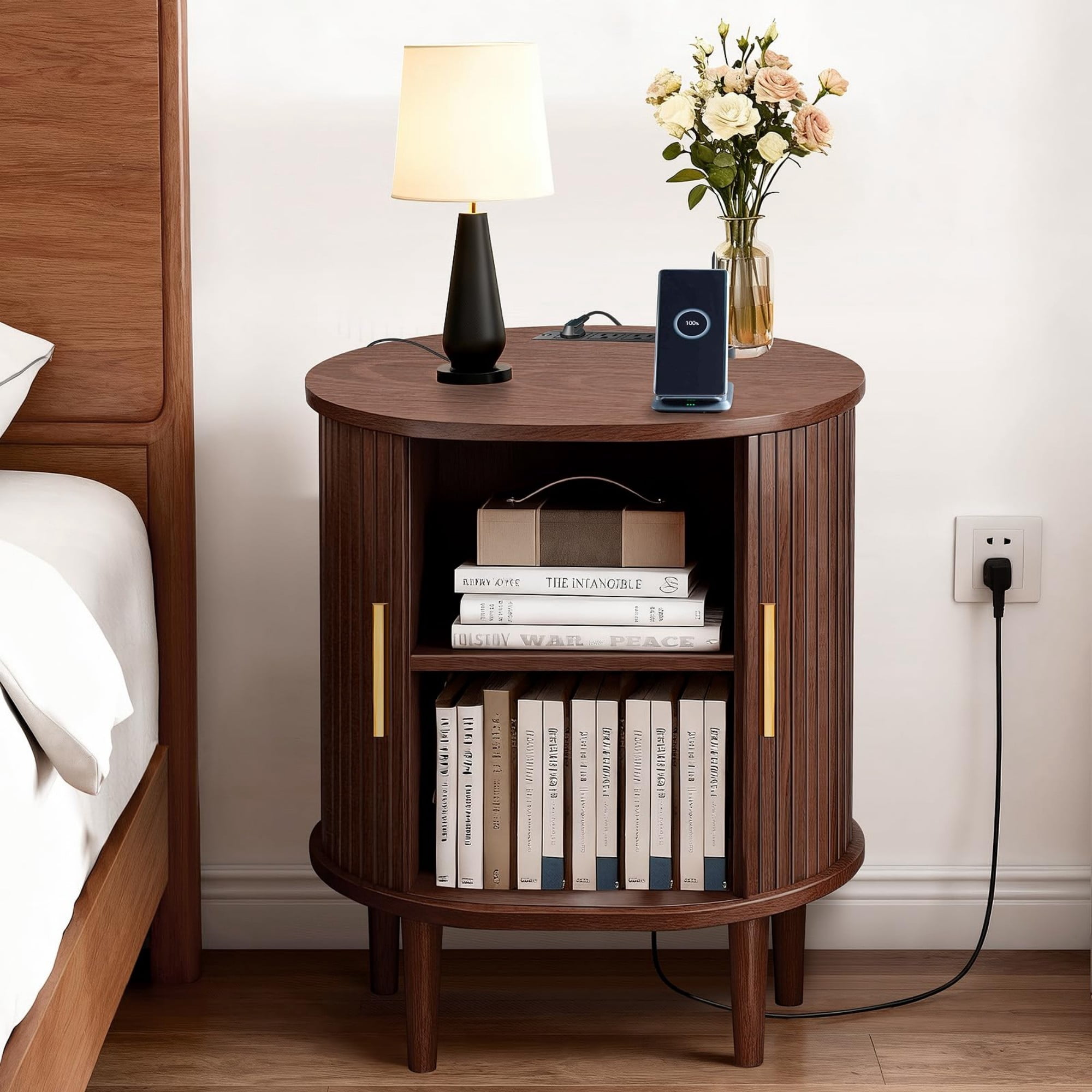 Mid Century Modern Nightstand Set of 2 with Charging Station, Fluted Side Table with Sliding Door & Adjustable Shelf, Coffee
