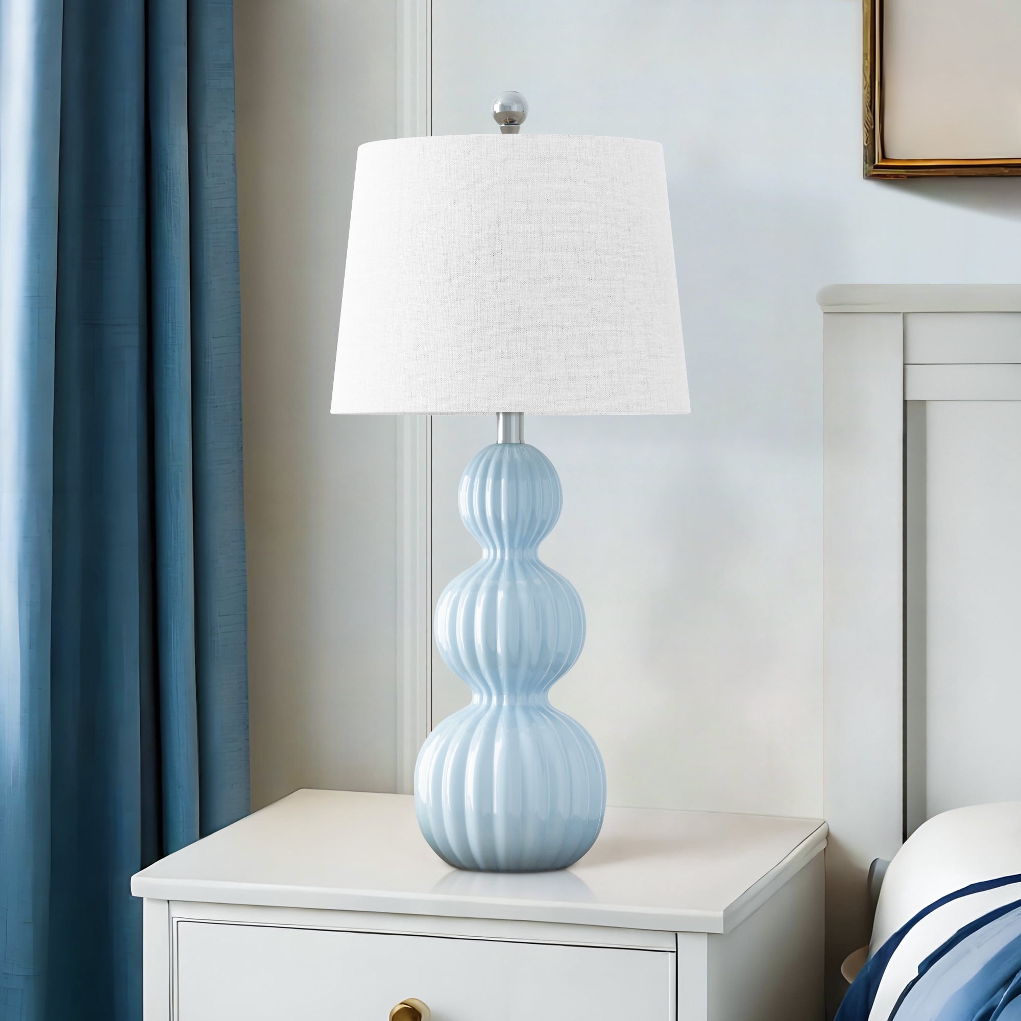 Maxax Blue Ceramic Table Lamps Set of 2, 28-Inch Triple Gourd Design with White Shade for Living Room, Bedroom, Office