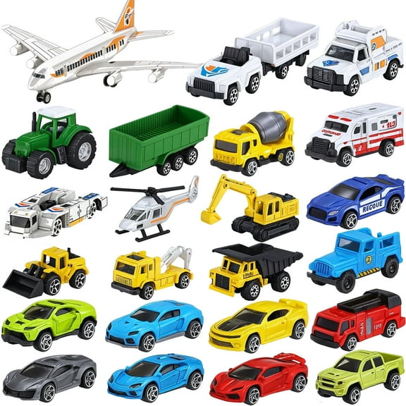 24 Pieces Cars & Trucks Toy Set for Toddlers, Boys & Girls - Die-Cast Vehicles with BPA-Free Plastic, Kids Birthday Gifts, Party Favors, Easter & Holiday Stocking Stuffers (Ages 3 )