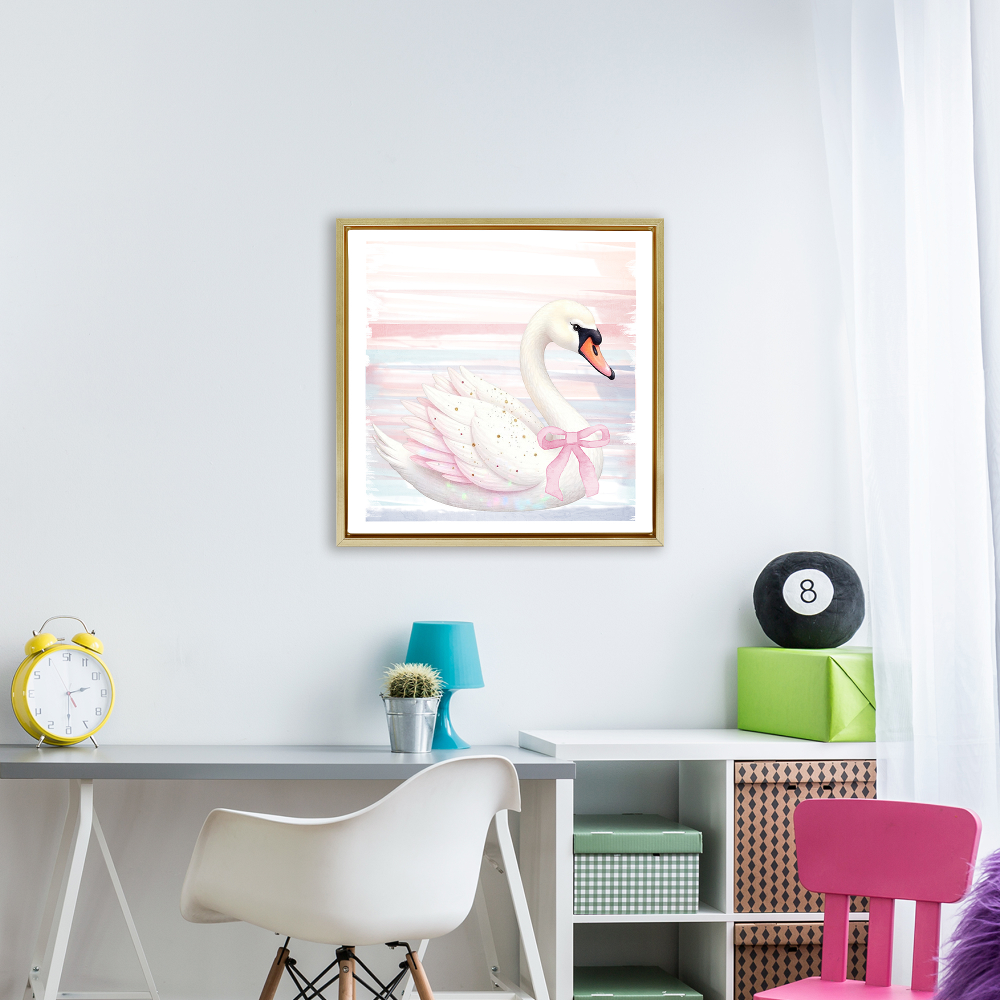 Pink Swan with Ribbon Gold Framed Floater Canvas Wall Art, design by Kim Allen