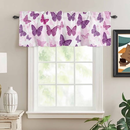Valances for Windows Farm Elegant Purple Butterfly Kitchen Curtain Valance Short Rod Pocket Panels Summer Cartoon Small Window Treatment for Living Room Bedroom Bathroom 54 Wx18 L