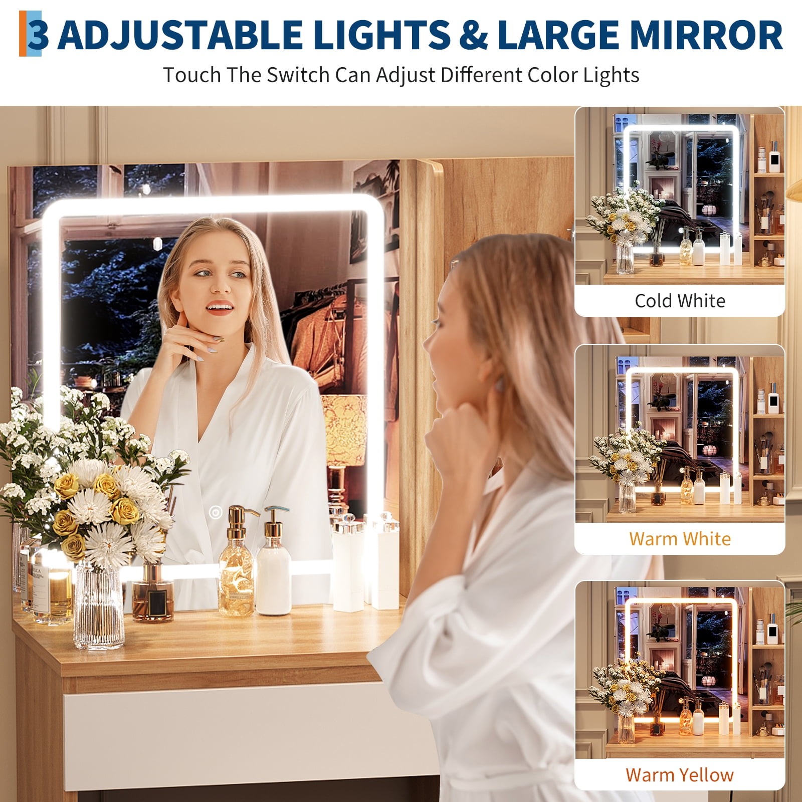 M optimized Vanity Desk with Mirror and Lights - Modern Makeup Dressing Table with Outlets, Storage Stool, 4 Drawers & Hair Dryer Holder - 3 Colors LED Vanity Mirror, Vanities for Bedroom
