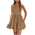 thumbnail image 2 of Women's Rib Knit Round Neck Frill Trim Flowy Shift Sleeveless Tank Mini Short Dress Khaki XL, 2 of 6