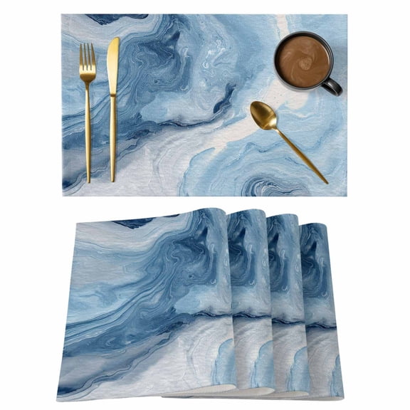 Blue Marble Placemats Set of 4, Summer Ocean Wave Blue Ombre Placemats for Dining Table, Place Mats for Kitchen Tabletop, Waterproof Wipeable Dining Table Mats Set