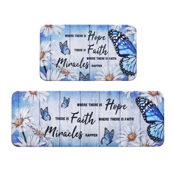 Butterfly Kitchen Rugs Set of 2 Kitchen Mats for Floor Farmhouse Anti Fatigue Mats for Kitchen Floor, Daisy Kitchen Rugs Non Slip Washable Standing Floor Mats, 17" x 29.5" 17" x 47", Blue
