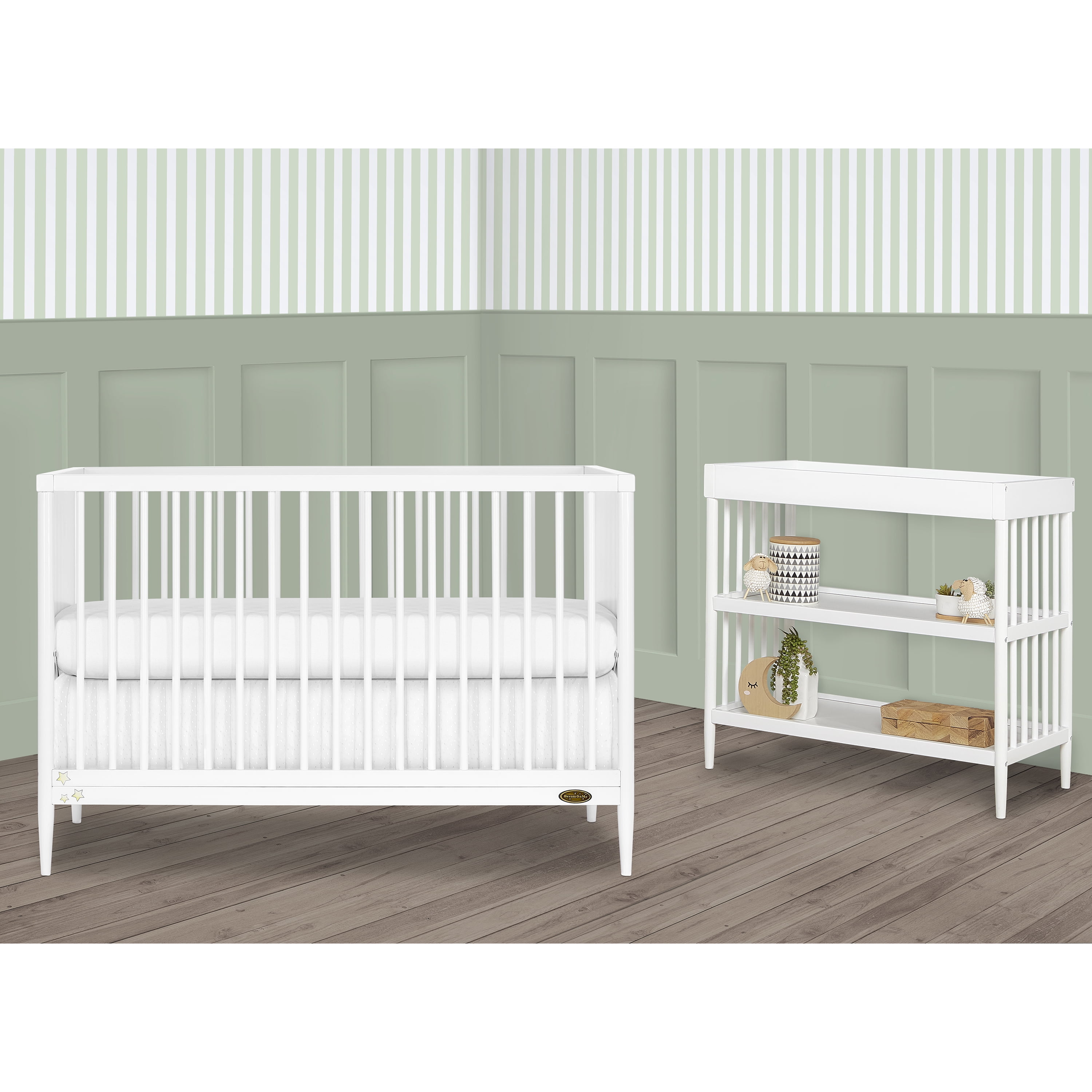 Dream On Me Moon Bear Reaching For The Stars 4 In 1 Modern Island crib With Rounded Spindles I Convertible Crib I Hand Printed Mural On One End Panel I Mid- Century Meets Modern in White Finish