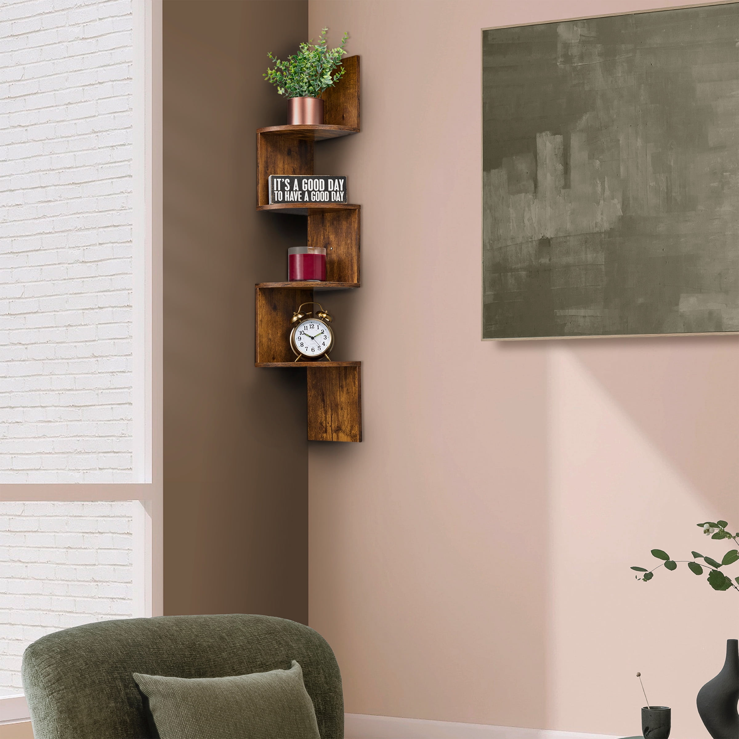 Sorbus 5-Tier Floating Corner Wall Shelf, Zigzag Bookshelf, Space-Saving Storage, Brown