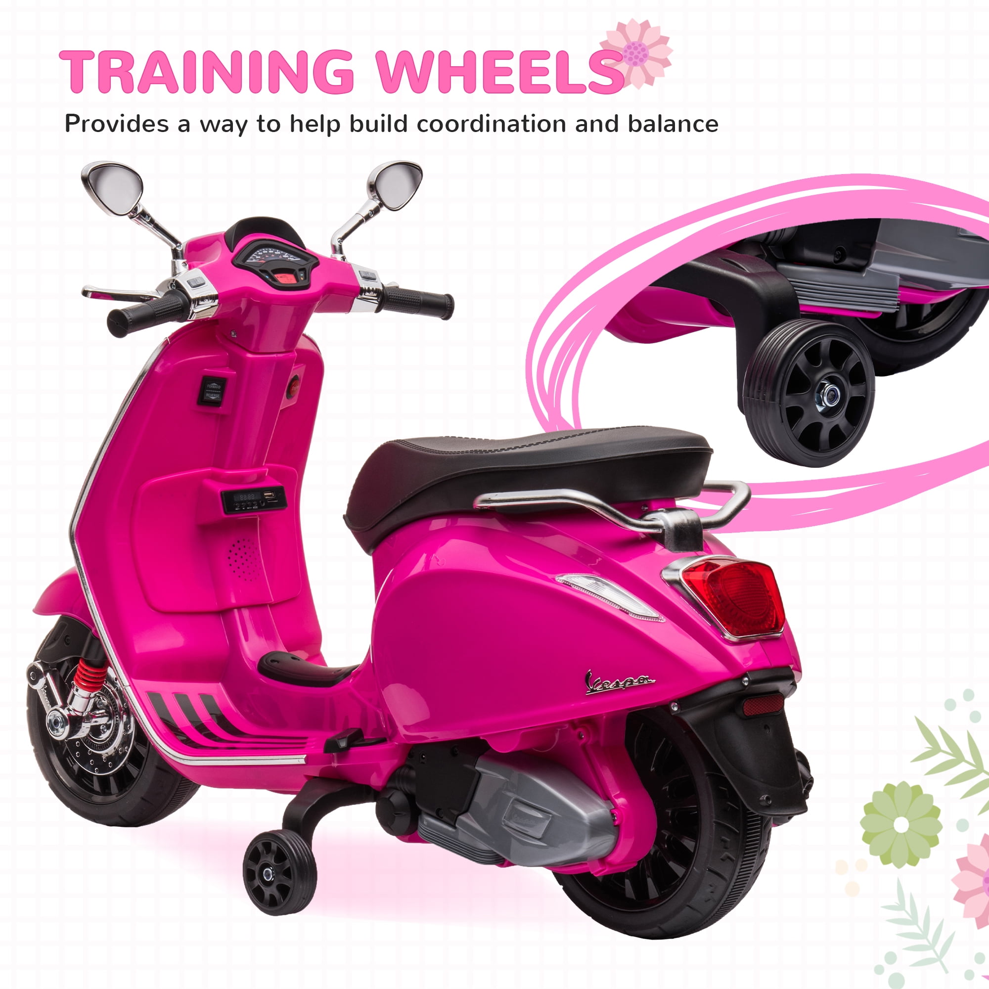 Qaba Vespa Licensed Electric Motorcycle for Kids, 6V Toddler Motorcycle with Music, FM Radio, Headlight, Single Button Start, Pink