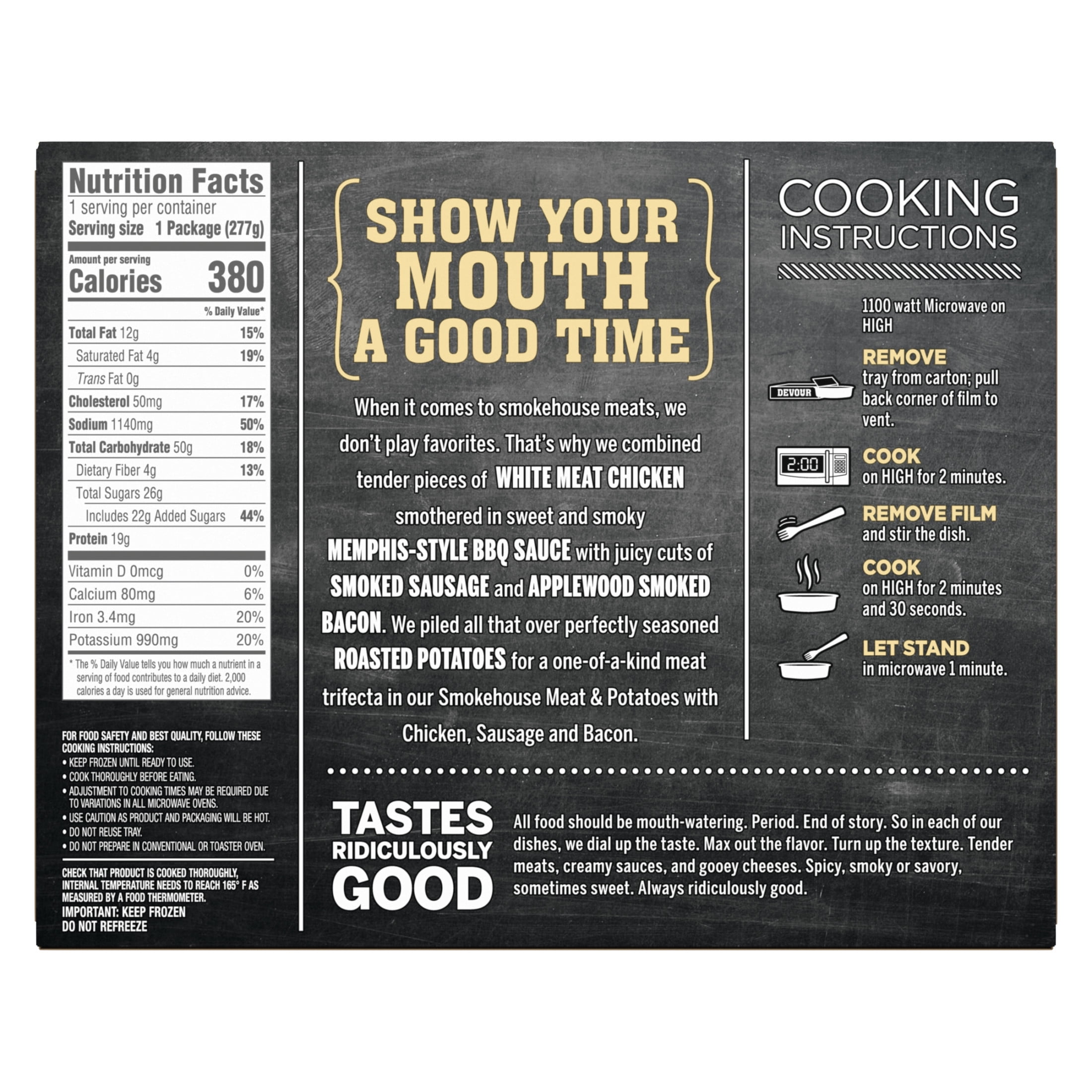 DEVOUR Smokehouse Meat & Potatoes with Chicken, Sausage & Bacon in Memphis Style BBQ Sauce Frozen Meal, 9.8 oz Box