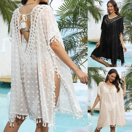 New Release  Women s Bathing Suit Bikini Swimsuit Coverup  Tassels Beach Crochet  Loose Hollow-Out Coverup Skirt  Comfortable Trendy Beachwear for Women | Sopatenor  Beige Free Size