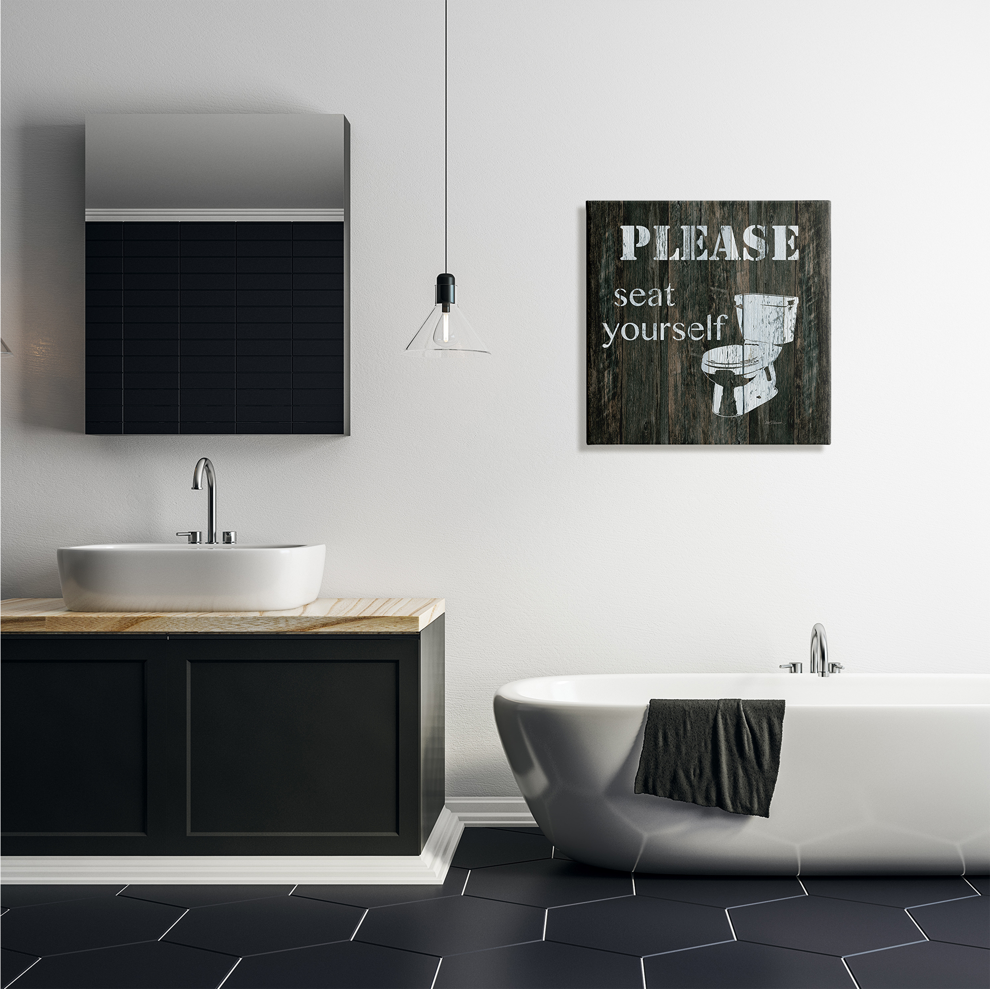 Stupell Industries Seat Yourself Rustic Bathroom Sign Distressed Toilet Typography Painting Gallery Wrapped Canvas Print Wall Art, 24 x 24