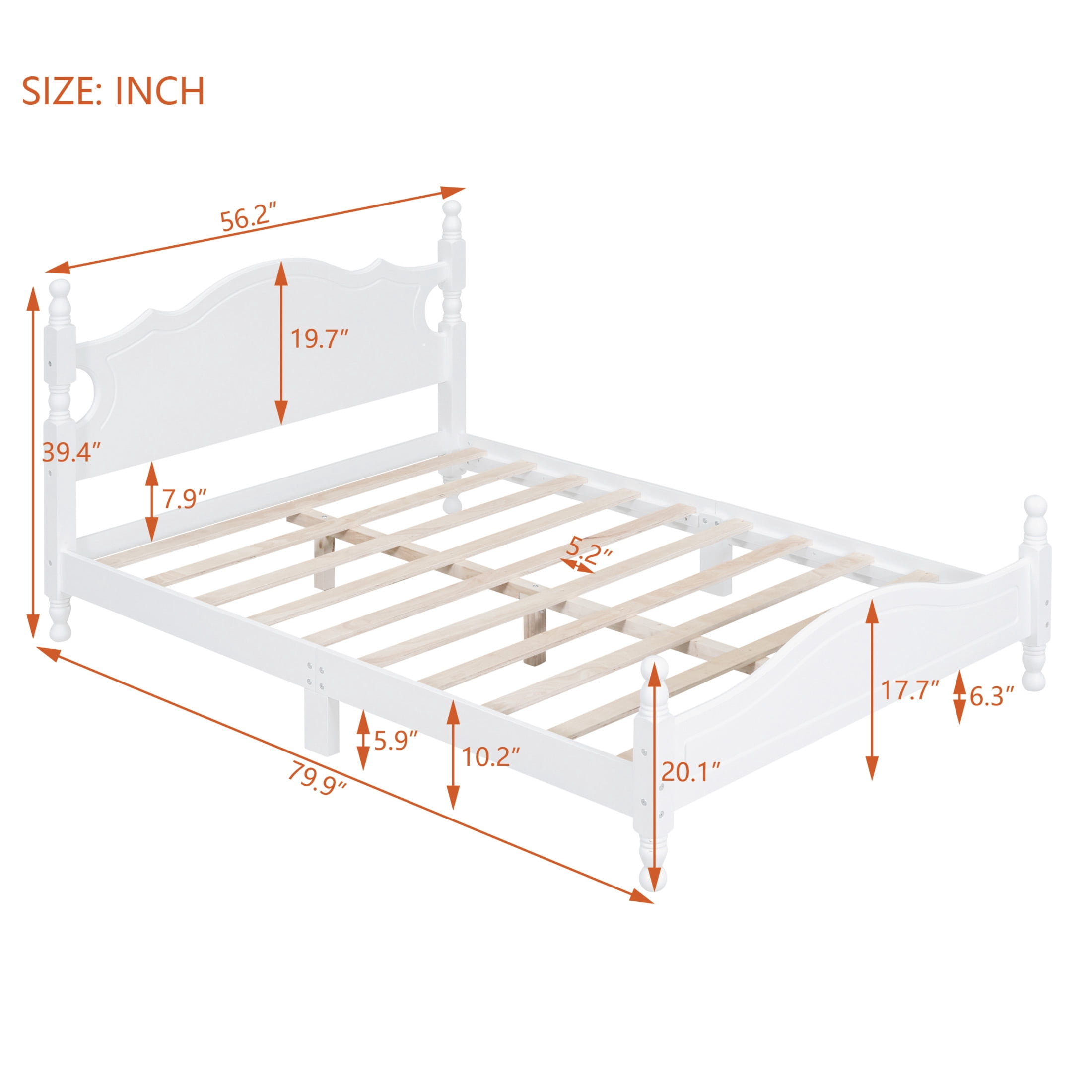 Noble House Full Wood Platform Bed Frame with Headboard, Wooden Slat Support, White
