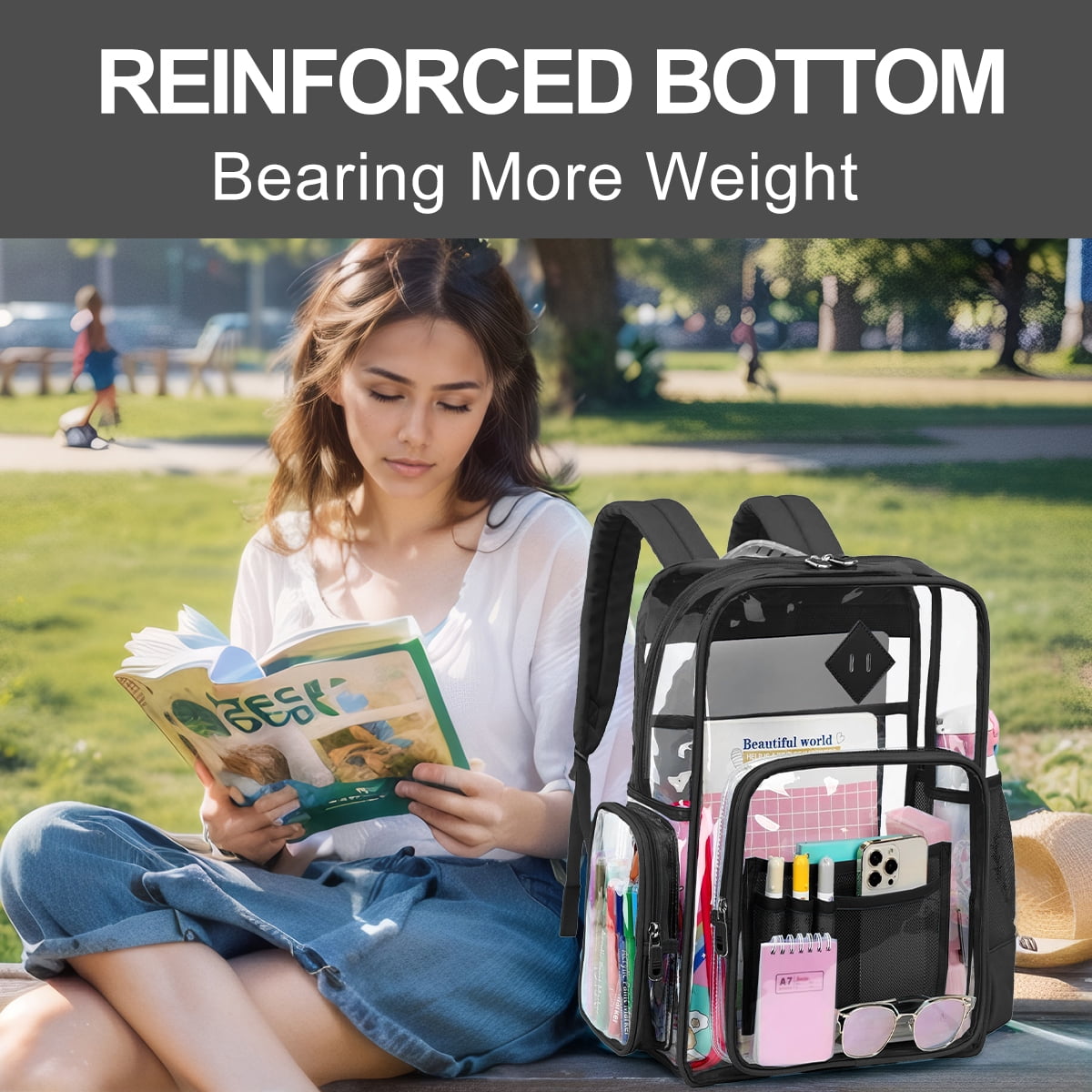 Sanmadrola Clear Backpack Heavy Duty Stadium Approved School Bookbag PVC Backpacks for Adults Travel