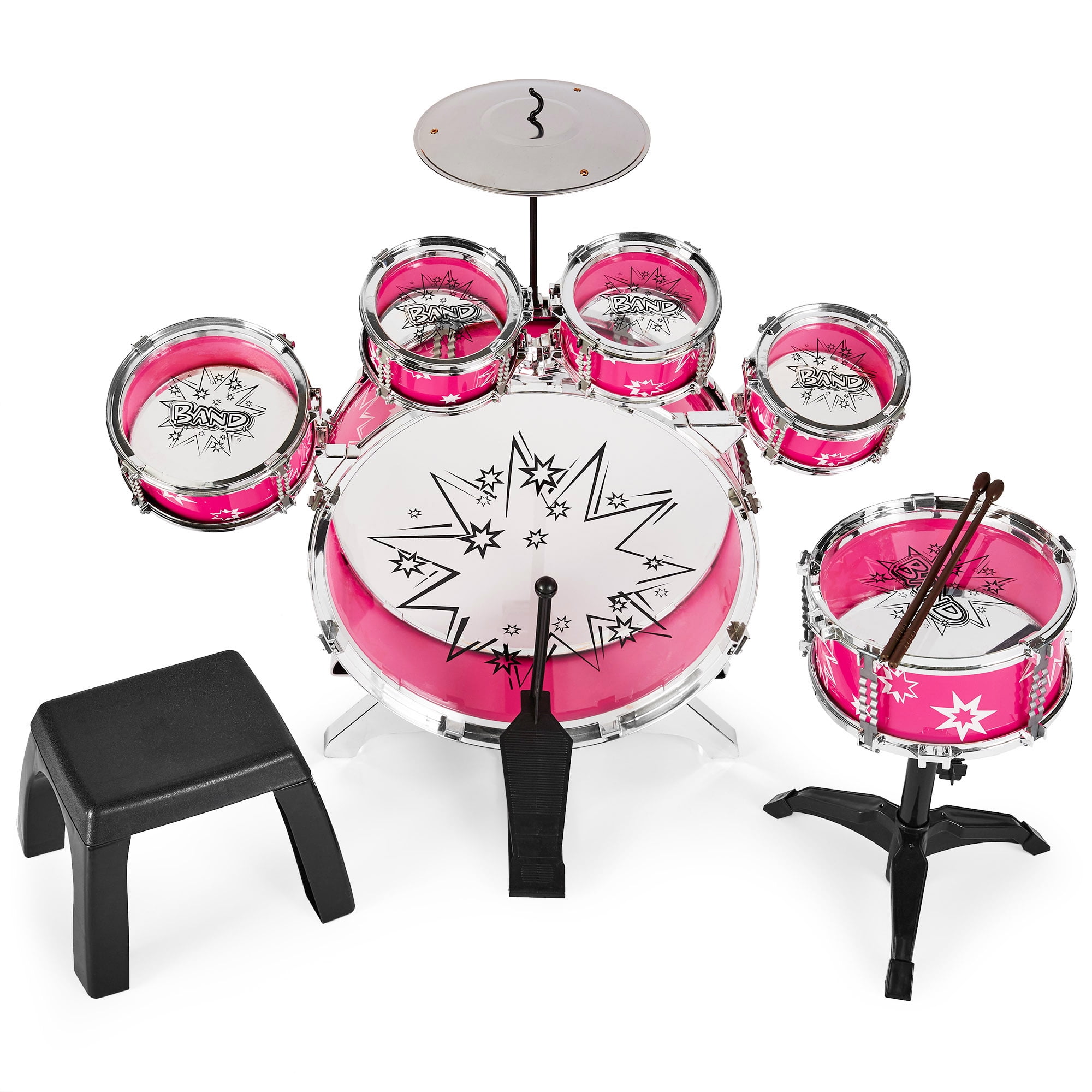 Best Choice Products 11-Piece Kids Starter Drum Set w/ Bass Drum, Tom Drums, Snare, Cymbal, Stool, Drumsticks - Pink