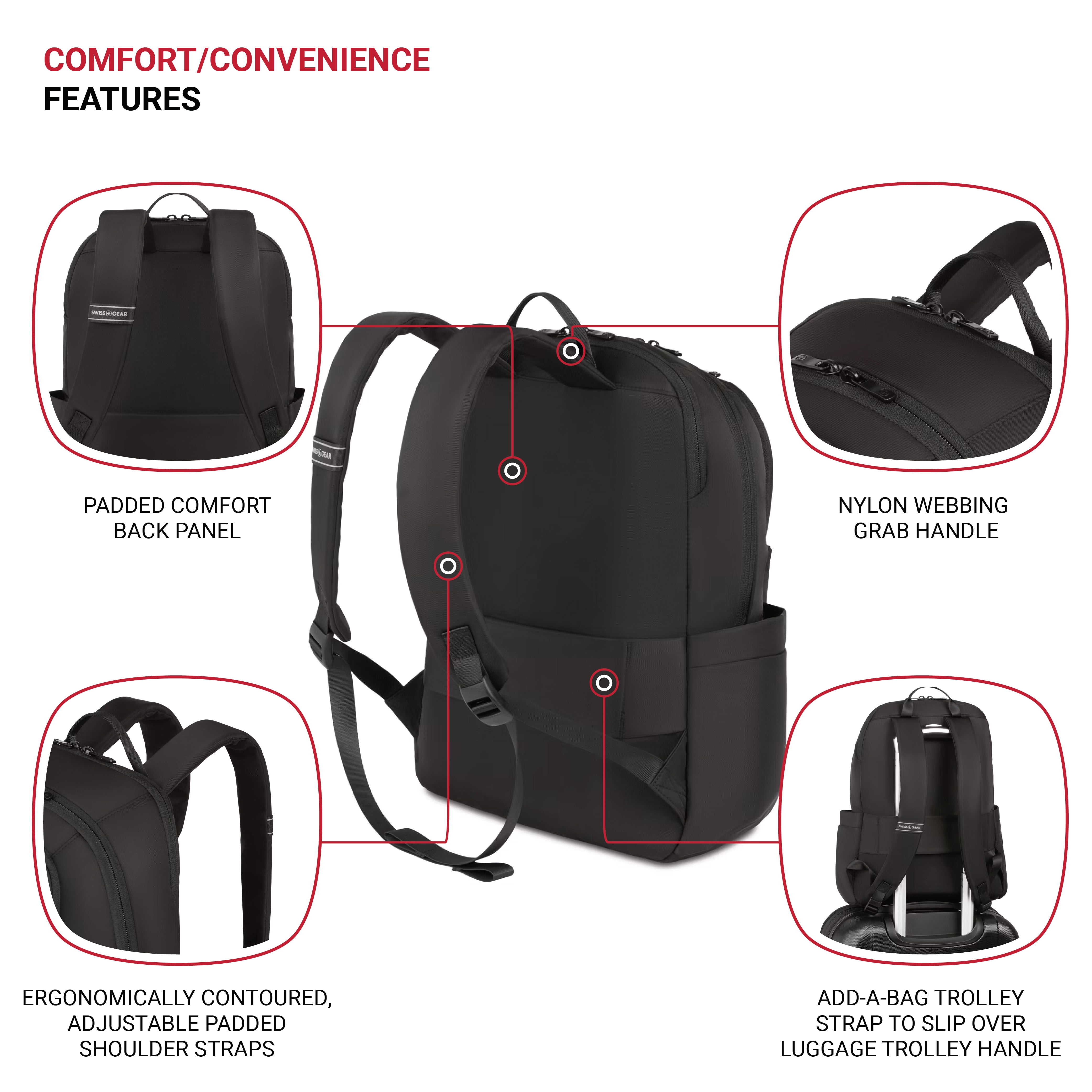 SWISSGEAR Bloom Laptop Backpack, Compact/Lite for Men/Women, College/Office/Everyday, Black/Black