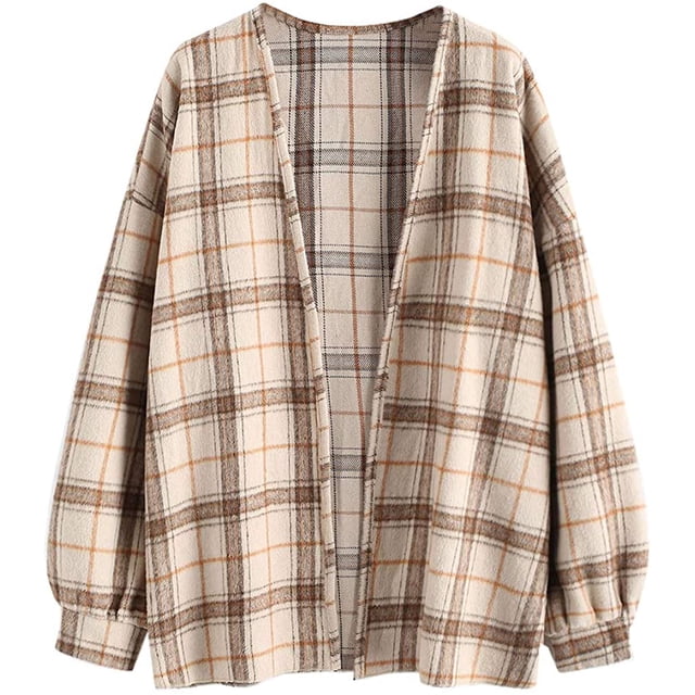 Women's Plaid Long Sleeve Button Down Wool Blend Shirt Jacket Blouse