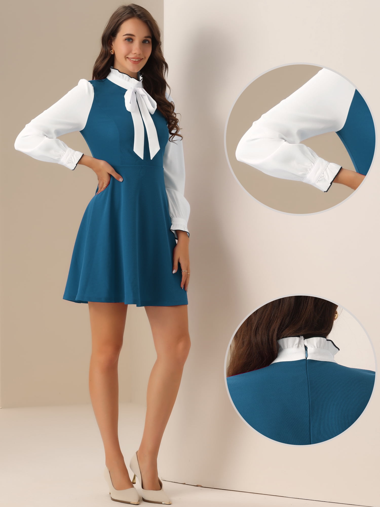 DARING DIVA Contrast Tie Neck Long Sleeve Elegant A-Line Dress M Lake Blue