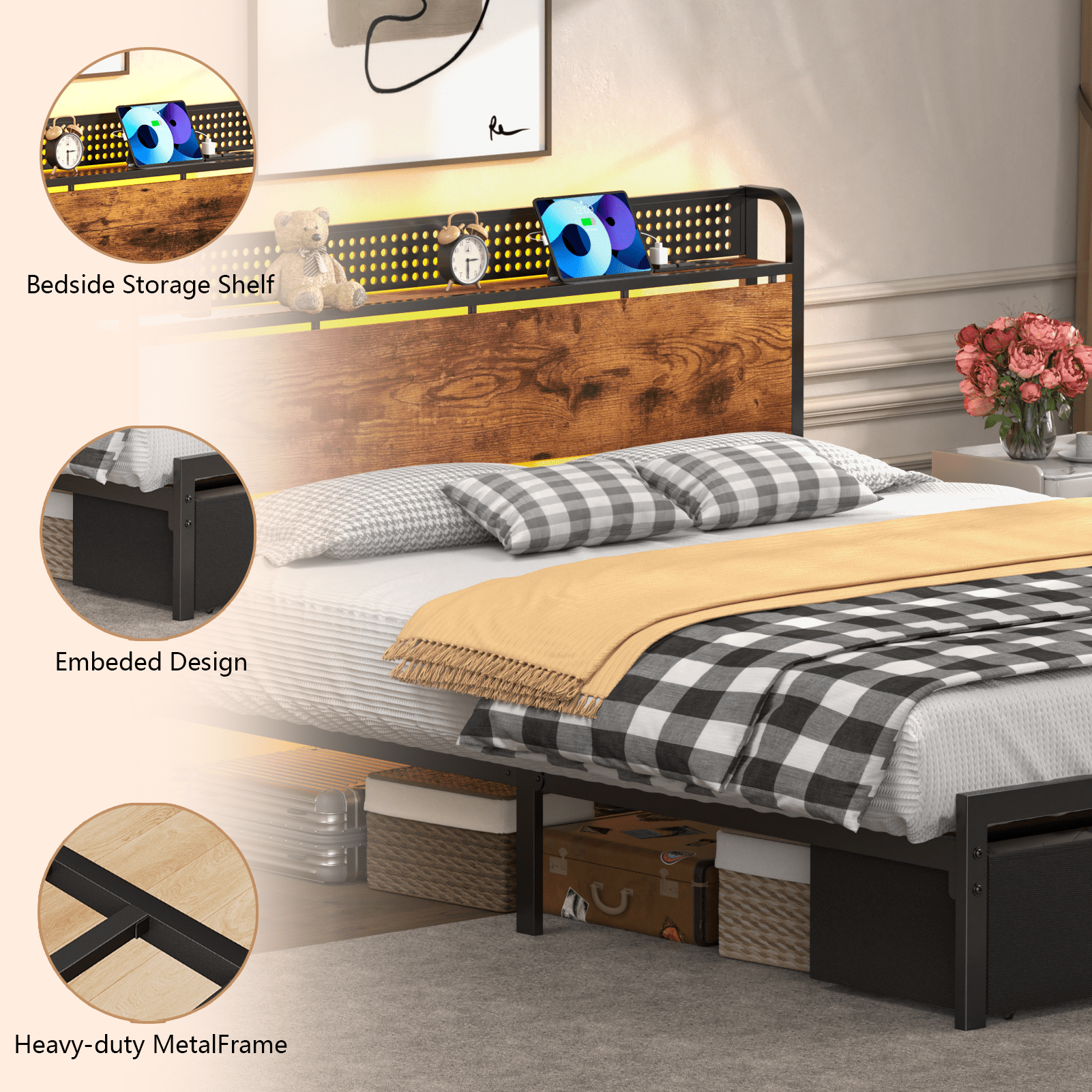 Tydimor Queen Bed Frame with 2 Drawers & Storage Headboard, Platform Metal Bed with Charging Station, No Box Spring Needed