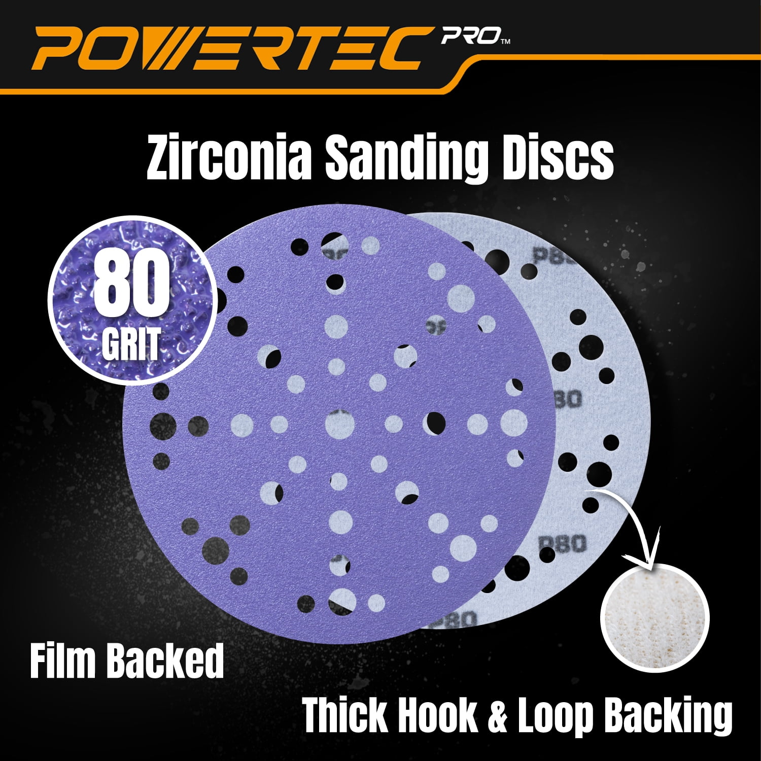 POWERTEC 50PK PRO 6 Inch 49 Holes Sanding Disc, 80 Grit, Zirconia Hook and Loop Film Backing Sandpaper for Festool Random Orbital Sanders - Automotive, Paint, Metal, Woodworking, 46108Z-50