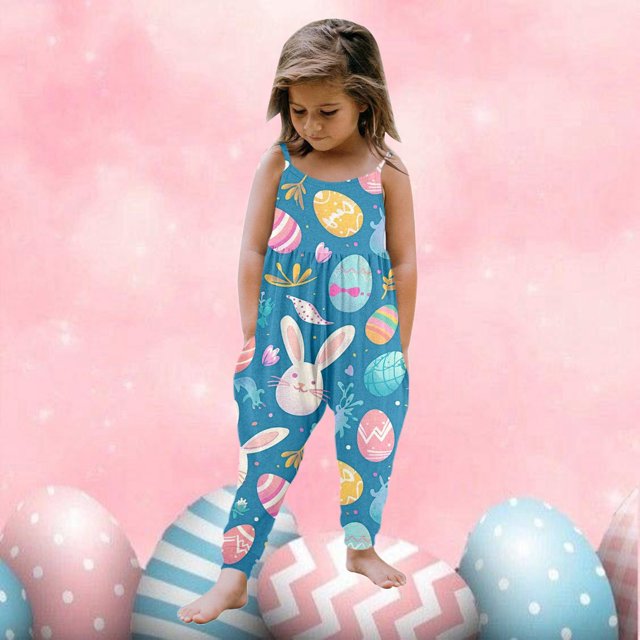 XDZJLR Combinaison pour Filles Imprimé de Pâques Sans Manches Pantalon Harem Bleu 1-2 Ans