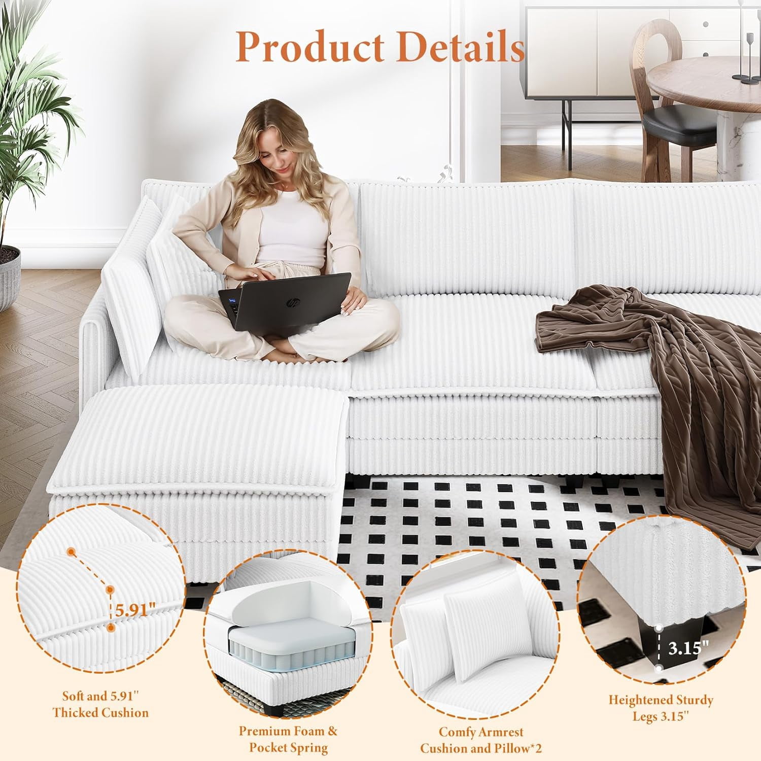 Neche 143" L Shaped Modular Sectional Sofa, Comfy Corduroy Upholstered Modular Sectional Couches for Living Room, Modern Cloud Couch with Ottoman Deep Seat, Warm White